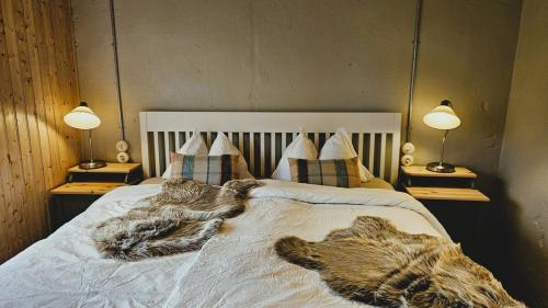 two cats laying on a bed in a bedroom at The Forgotten Farmhouse in Skogar