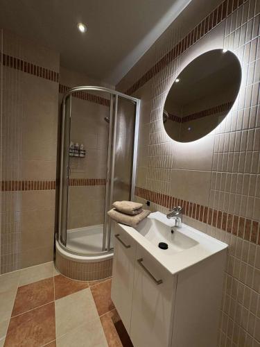 a bathroom with a shower and a sink and a mirror at Notodden Sentrum Apartment NO 13 in Notodden
