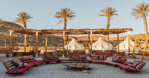 a group of chairs and tables and palm trees at חאן מחצבת הגבס - Glamping Gypsum Quarry 