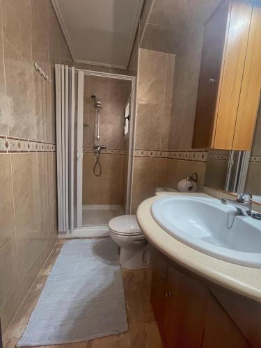 a bathroom with a toilet and a sink and a shower at Oliva Seaside Apartments in Oliva