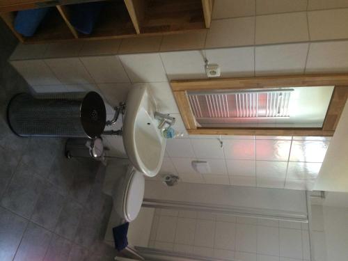 a bathroom with a toilet and a window at Ferienwohnungen Am Yachthafen in Greifswald