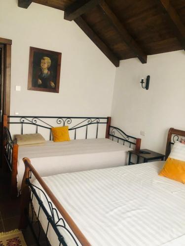 two beds in a bedroom with a painting on the wall at AMA Guest House in Turda