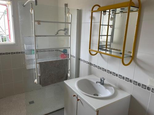 a bathroom with a sink and a mirror at House near Tarnos metro beach in Labenne