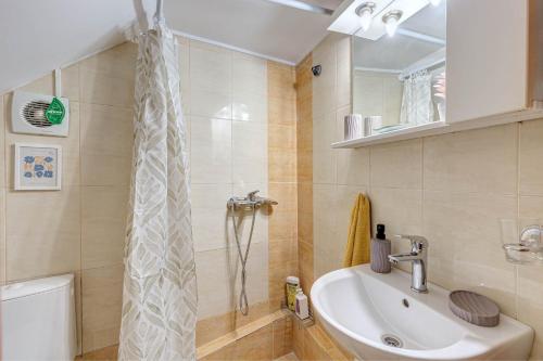 une salle de bain avec lavabo et douche dans l'établissement Gabriel's cozy central house in Corfu town, à Corfu