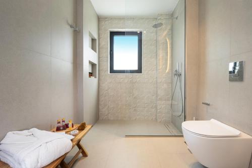 a bathroom with a white toilet and a shower at Elithos Villa in Vryses