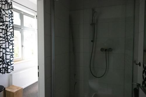 Un baño con ducha con puerta de cristal. en Hotel Spálov, en Semily