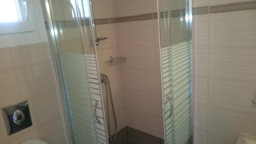 a bathroom with a glass shower with a toilet at Evan's Studios in Alykes