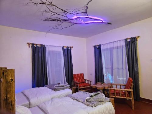 カラトゥにあるAfrican Royal Villa and Campsiteのベッドが2つあり、天井に紫色のライトがある寝室