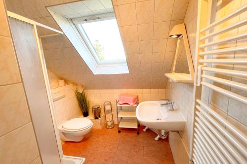 a bathroom with a toilet a sink and a skylight at Am Waldwinkel Ferienhaus Sonne in Koserow