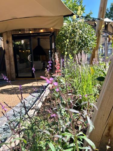 a garden with flowers in front of a building at Pontlands Park Hotel in Chelmsford