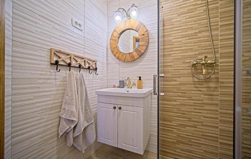 a bathroom with a shower and a sink and a mirror at Villa Debelo Brdo by Villas Guide in Debelo Brdo