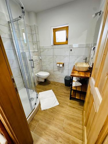 a bathroom with a shower and a toilet and a sink at Stara Žaga in Bled