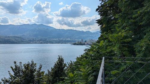 a view of a large body of water with trees at Appartamento 5 Terre in Orta San Giulio