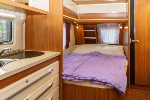 a small bedroom with a bed and a sink at Urlaub im Wohnwagen mitten im Wald in Lütow