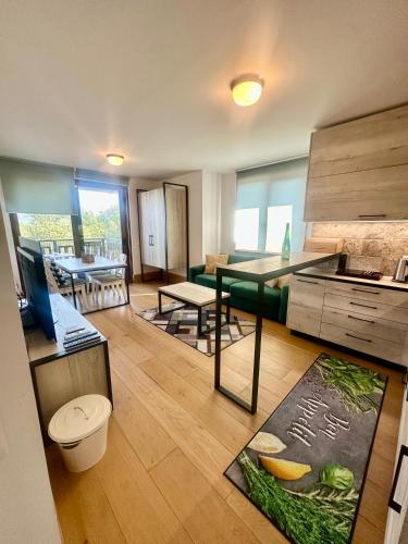 a living room with a kitchen and a dining room at Complex Gallery Saint Thomas in Sozopol