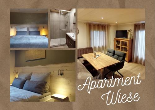 two pictures of a hotel room with a bed and a table at Haus Franka in Zellberg