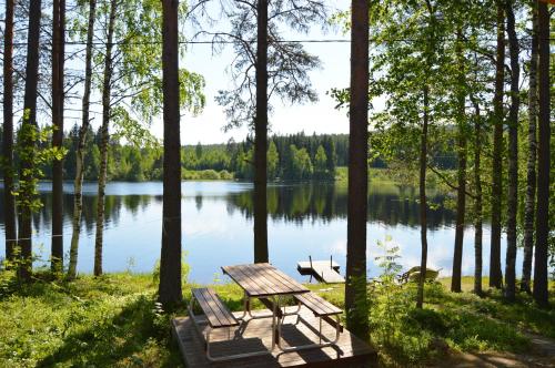 a wooden bench sitting in the middle of a lake at Rinnepelto Holiday Cottages in Tahkovuori