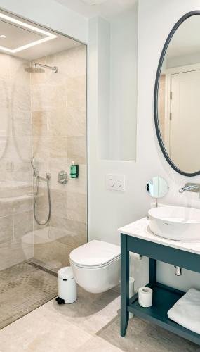 a bathroom with a shower and a toilet and a sink at One Bedroom Sea View Apartment - Lustica Marina in Radovici