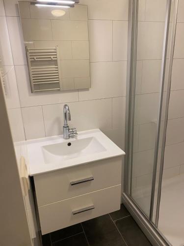 a bathroom with a sink and a shower at Cozy and centrally located - 6 persons apartment in Rotterdam