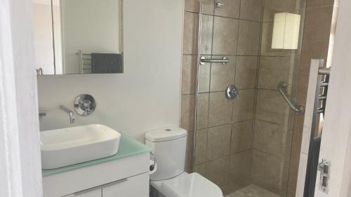 a bathroom with a shower and a toilet and a sink at Witsand Holiday Flat in Witsand