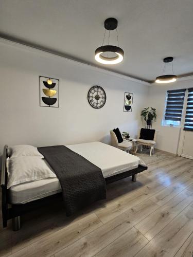 a bedroom with a bed and a clock on the wall at Radu's Room in Curtea de Argeş