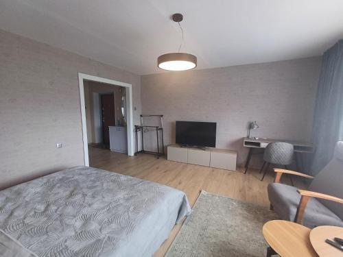 a bedroom with a bed and a flat screen tv at Põllu apartment in Kärdla