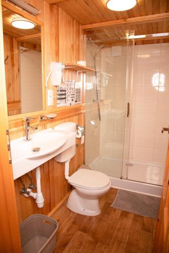 a bathroom with a toilet and a sink and a shower at Domki Letniskowe Bursztynek in Grzybowo
