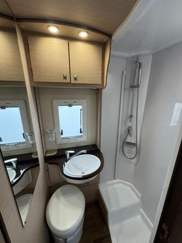 a small bathroom with a toilet and a sink at Fiat Mc Louis Camper Van RV in Reykjavík
