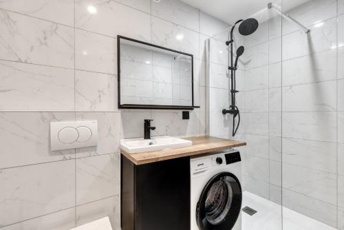 a bathroom with a washing machine and a sink at Studio de charme rénové calme et lumineux in Thonon-les-Bains