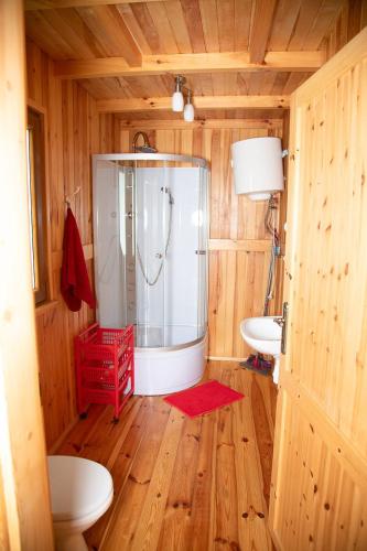 a bathroom with a shower in a wooden room at Domki Letniskowe Bursztynek in Grzybowo