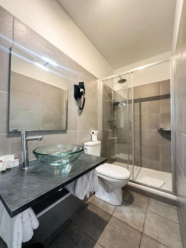 a bathroom with a sink and a toilet and a shower at Hotel Les Palmiers in Sainte-Maxime