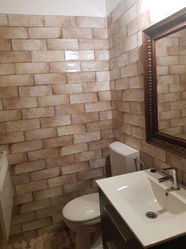 a bathroom with a toilet and a sink and a mirror at Berényi apartman in Erdőhorváti