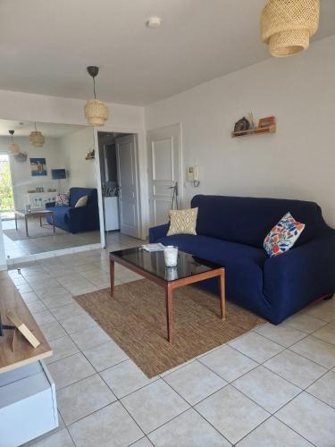 un salon avec un canapé bleu et une table basse dans l'établissement Appartement 2 P calme, à Cagnes-sur-Mer