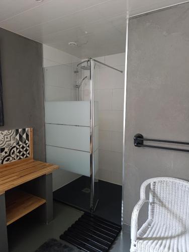 a shower with a glass door in a bathroom at Chambres d'hôtes La Tribu in Quévreville-la-Poterie