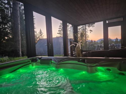 a hot tub with green water in a room with windows at Apartmán pod Demänovskou horou in Demanovska Dolina