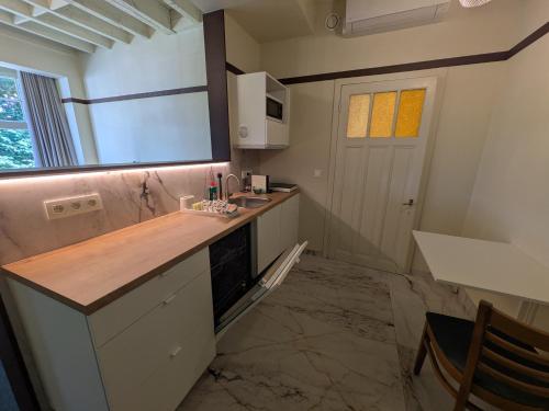 a small kitchen with a counter and a door at Aparthotel Acacia in Eeklo