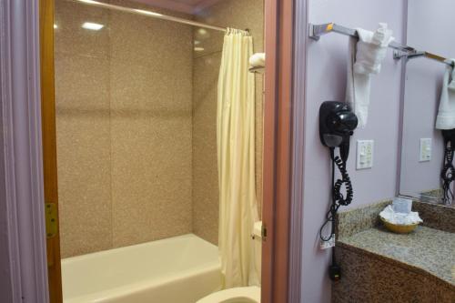 a bathroom with a shower and a toilet and a camera at The Flamingo Motel San Jose in San Jose