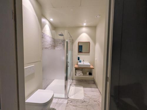 a bathroom with a shower and a toilet and a sink at Aparthotel Acacia in Eeklo