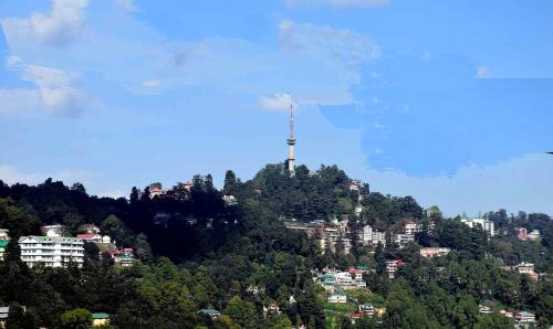 a hill with a tv tower on top of it at Hotel SHIMLA REGENCY CHAKKAR in Shimla