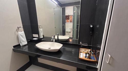 a bathroom with a sink and a mirror at Aayush Resort in Kālundri