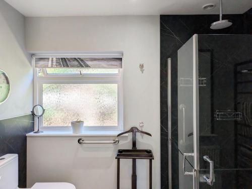 a bathroom with a shower and a toilet and a window at Barn Cottage in Wick