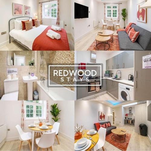 a collage of photos of a bedroom and a hotel room at 1 Bed 1 Bath Town Center Apartments For Corporates & Contractors, WiFi, Netflix and Parking on Selected Units By Redwood Stays in Aldershot