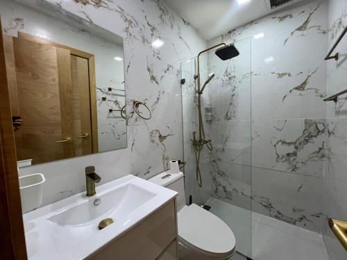 a bathroom with a sink and a toilet and a shower at Santana Building in San Pedro de Macorís