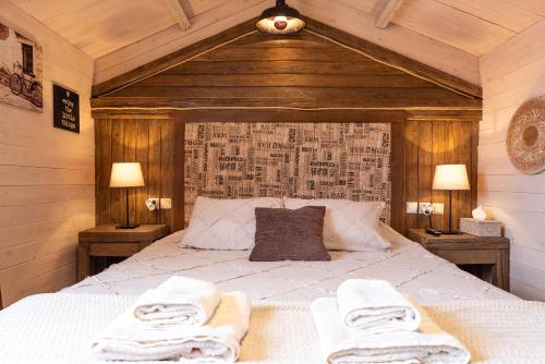 アラコバにあるAgiaz Cozy Apartments Arachovaのベッドとタオル2枚のある寝室
