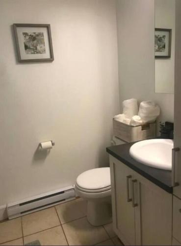 a white bathroom with a toilet and a sink at Le C17 in Mont-Tremblant