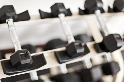 a row of black dumbbells on a shelf at Best Western Elyon Colombo in Colombo