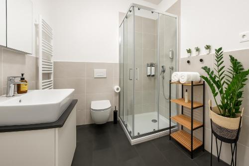 a bathroom with a shower and a sink and a toilet at Elyra Airport Apartment in M R Stefanik