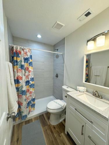 a bathroom with a toilet and a sink and a shower at NEW - Amazing Sunshine - Up 6 Guests-Private Backyard in Port Orange