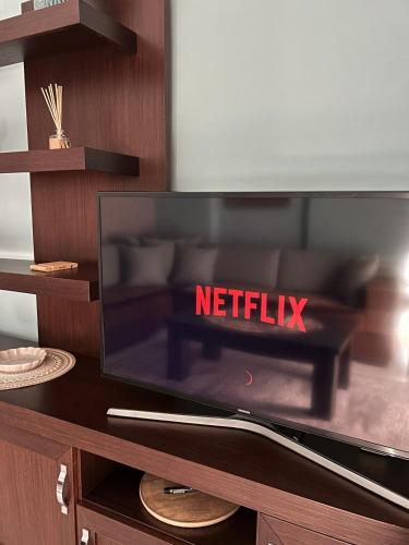 a television screen with the word netflix on it at Lavender house in Florina