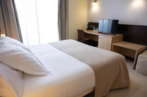 a bedroom with a bed and a desk with a television at Hotel Flamingo in L'Ampolla